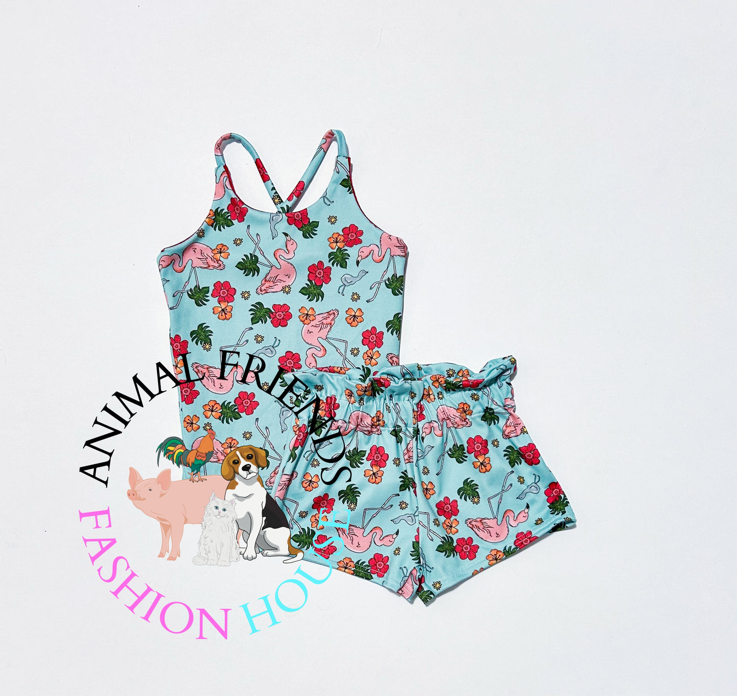 Flamingo Tie Strap Tank and Shorts