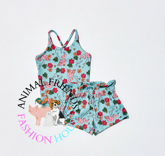 Flamingo Tie Strap Tank and Shorts