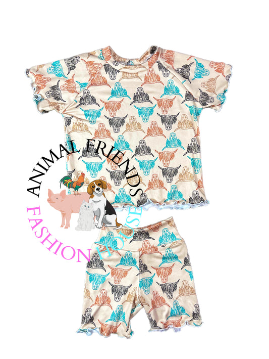 Multi Color Cow Tee and Shorts w/lettuce hem