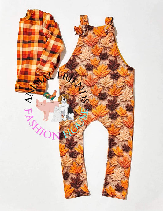 Fall Leaves Knotted Overalls w/plaid long sleeve